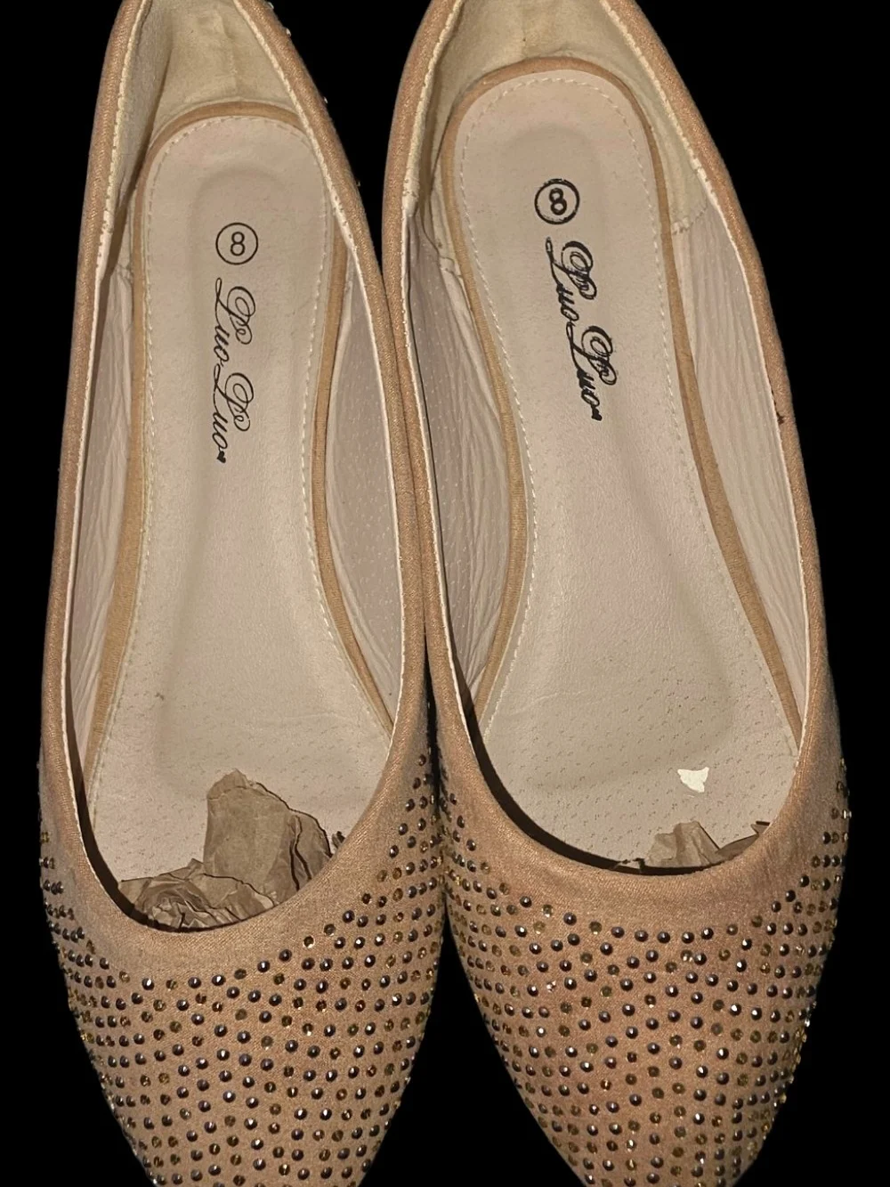 Luo Luo Cynthia Faux Suede Rhinestone Ballet Flats - Tan / Nude - Size 8